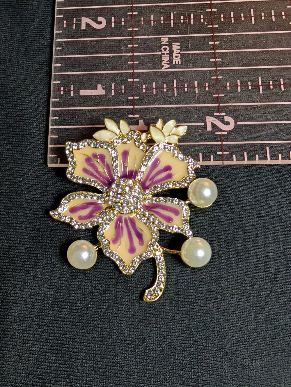 Floral Pearl Accent Brooch - Gold Tone Purple & Cream Enamel